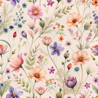 watercolor wildflowers, peach blossoms, purple tulips, coral poppies, botanical illustration, delicate florals, cream background, pastel palette, meadow flowers,, fabric panel, whimsical pattern, spring blooms, soft watercolors, floral motifs, nature inspired, vintage botanicals, scattered flowers, romantic florals, cottagecore aesthetic