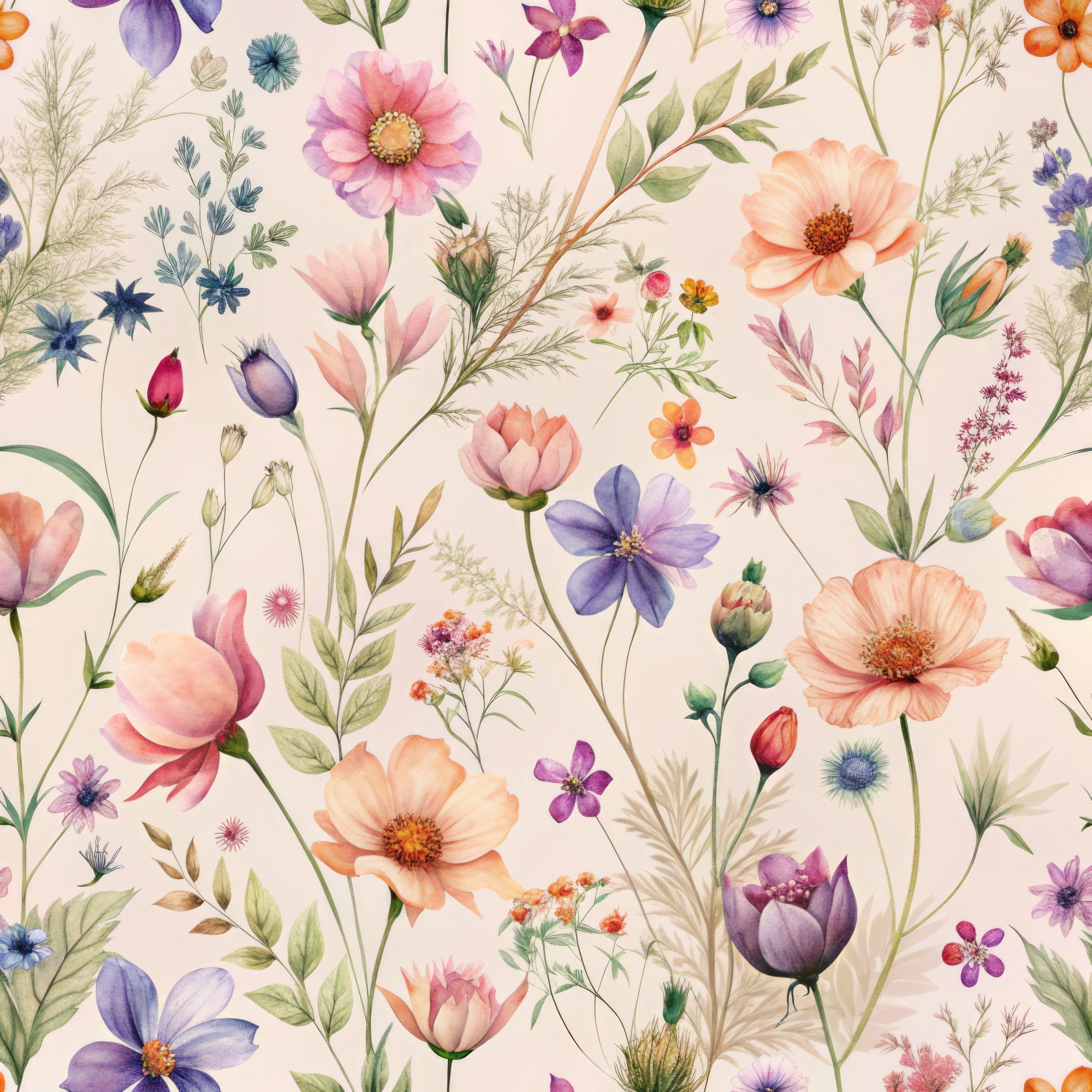 watercolor wildflowers, peach blossoms, purple tulips, coral poppies, botanical illustration, delicate florals, cream background, pastel palette, meadow flowers,, fabric panel, whimsical pattern, spring blooms, soft watercolors, floral motifs, nature inspired, vintage botanicals, scattered flowers, romantic florals, cottagecore aesthetic