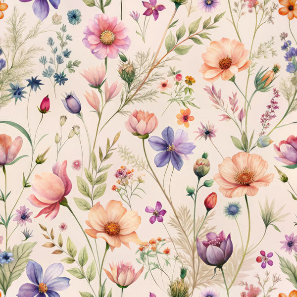 watercolor wildflowers, peach blossoms, purple tulips, coral poppies, botanical illustration, delicate florals, cream background, pastel palette, meadow flowers,, fabric panel, whimsical pattern, spring blooms, soft watercolors, floral motifs, nature inspired, vintage botanicals, scattered flowers, romantic florals, cottagecore aesthetic