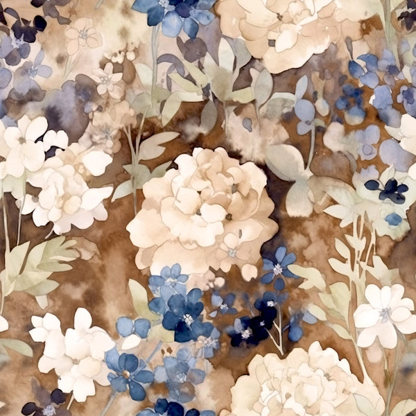 cream floral, dusty blue, navy blue, soft brown, beige, watercolor floral, delicate flowers, vintage botanical, soft colors, muted tones, spring floral, garden flowers, nature theme, romantic style, elegant floral, soft feminine, nursery fabric, baby girl, subtle pattern, layered florals, hydrangea, forget-me-nots, petite flowers, botanical print, cottage core, farmhouse style, soft watercolor, peaceful design