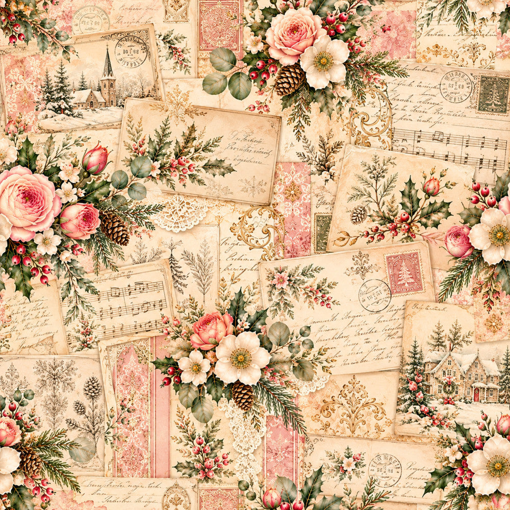 cream, blush pink, dusty rose, sage green, vintage, floral, roses, pine trees, holiday, christmas, winter, elegant, romantic, shabby chic, cottage core, botanical, greenery, pinecones, sheet music, postcards, letters, handwritten, nostalgic, traditional, nature, festive, evergreen, berries, lace, damask
