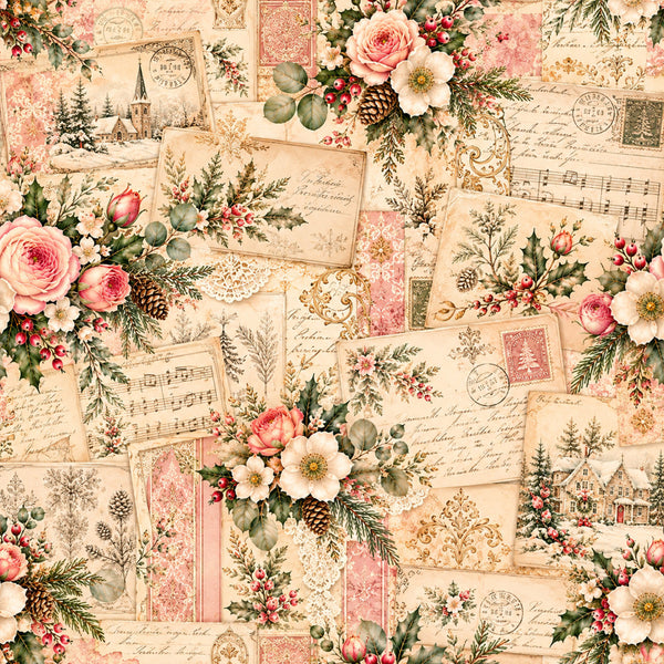 cream, blush pink, dusty rose, sage green, vintage, floral, roses, pine trees, holiday, christmas, winter, elegant, romantic, shabby chic, cottage core, botanical, greenery, pinecones, sheet music, postcards, letters, handwritten, nostalgic, traditional, nature, festive, evergreen, berries, lace, damask
