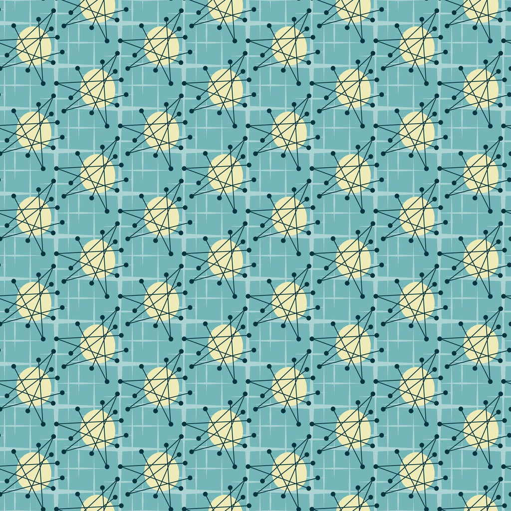 turquoise, teal, yellow, cream, atomic starburst, mid-century modern, geometric pattern, radiating lines, dots, nodes, retro design, vintage style,, fabric panel, starburst motif, atomic age, angular design, repeating pattern, modernist, grid background