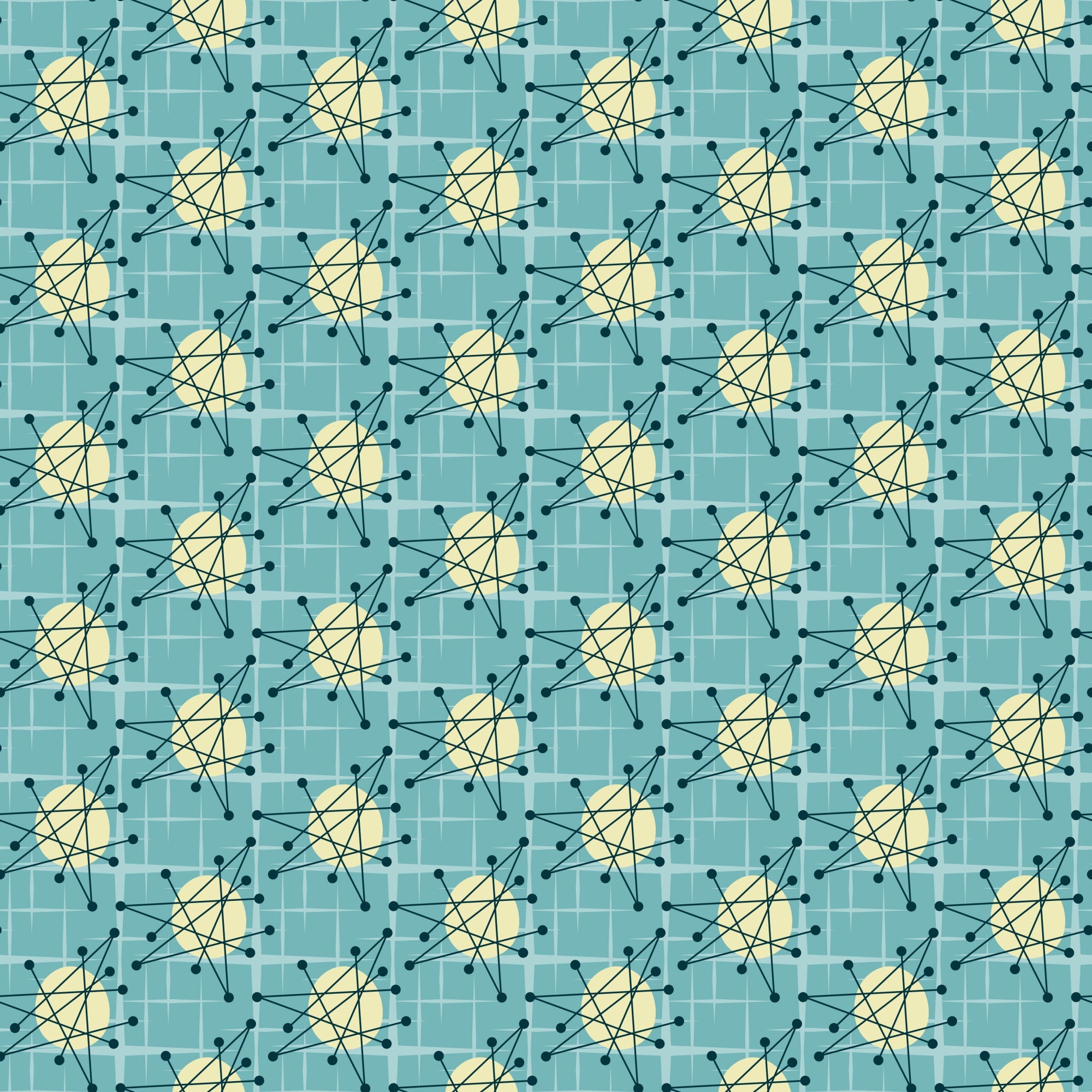 turquoise, teal, yellow, cream, atomic starburst, mid-century modern, geometric pattern, radiating lines, dots, nodes, retro design, vintage style,, fabric panel, starburst motif, atomic age, angular design, repeating pattern, modernist, grid background