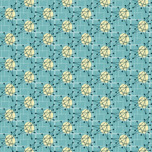 turquoise, teal, yellow, cream, atomic starburst, mid-century modern, geometric pattern, radiating lines, dots, nodes, retro design, vintage style,, fabric panel, starburst motif, atomic age, angular design, repeating pattern, modernist, grid background