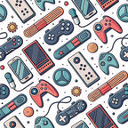 gaming controllers, retro controllers, video game pattern, coral pink, teal blue, navy blue, cream white, orange accents, modern gaming, electronic devices, handheld controllers, gaming consoles,, fabric panel, contemporary design, tech pattern, geometric gaming, scattered layout, gaming accessories, digital entertainment