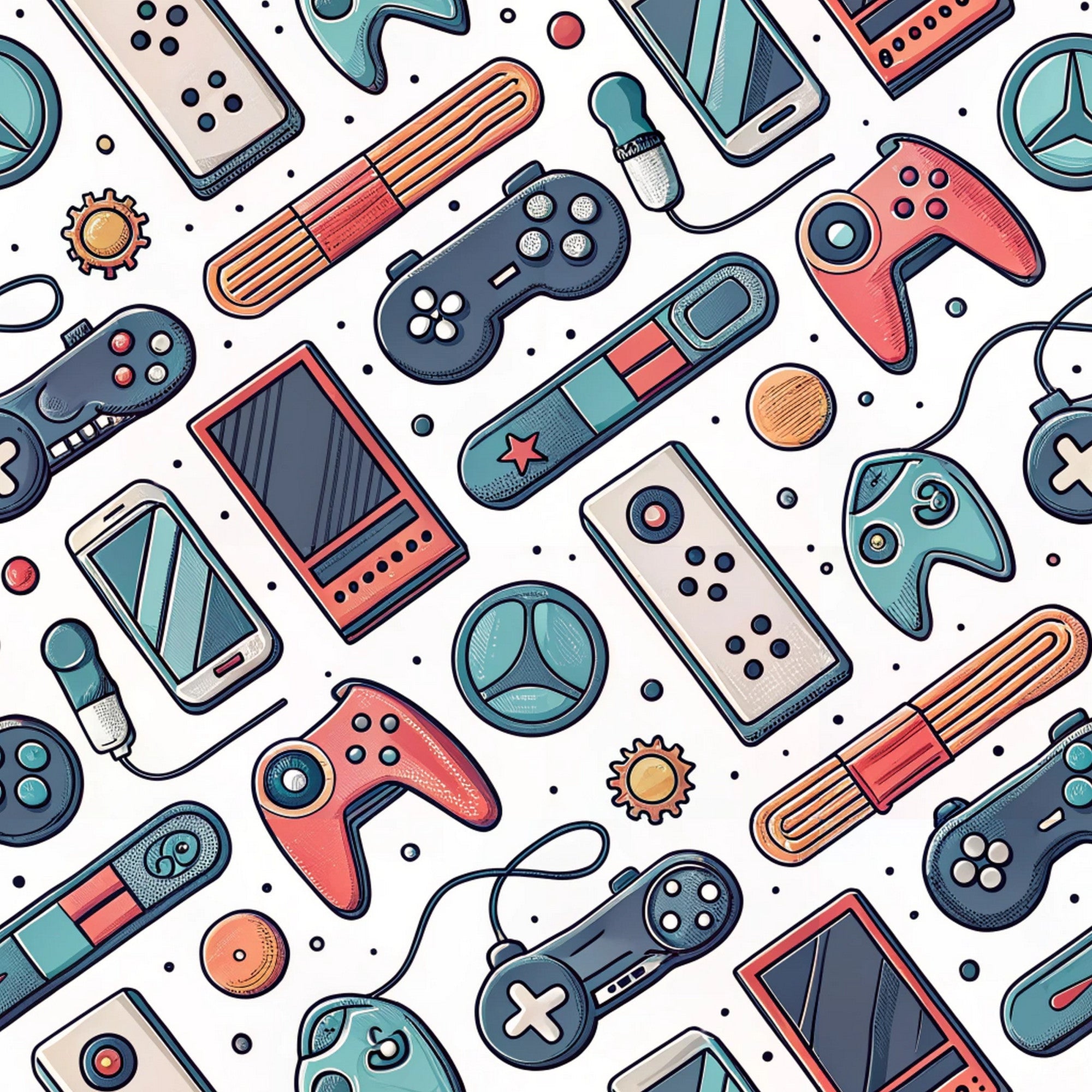 gaming controllers, retro controllers, video game pattern, coral pink, teal blue, navy blue, cream white, orange accents, modern gaming, electronic devices, handheld controllers, gaming consoles,, fabric panel, contemporary design, tech pattern, geometric gaming, scattered layout, gaming accessories, digital entertainment