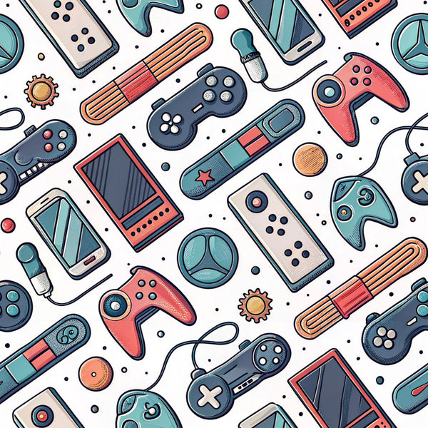 gaming controllers, retro controllers, video game pattern, coral pink, teal blue, navy blue, cream white, orange accents, modern gaming, electronic devices, handheld controllers, gaming consoles,, fabric panel, contemporary design, tech pattern, geometric gaming, scattered layout, gaming accessories, digital entertainment
