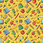 yellow background, red apples, school supplies, pencils, books, rulers, educational theme, back to school, cartoon style, bright colors, green accents, orange fruit, leaves, notebooks, writing tools,, fabric panel, cheerful pattern, scattered design, playful illustrations