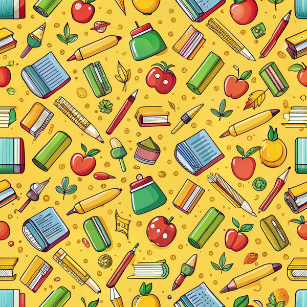 yellow background, red apples, school supplies, pencils, books, rulers, educational theme, back to school, cartoon style, bright colors, green accents, orange fruit, leaves, notebooks, writing tools,, fabric panel, cheerful pattern, scattered design, playful illustrations