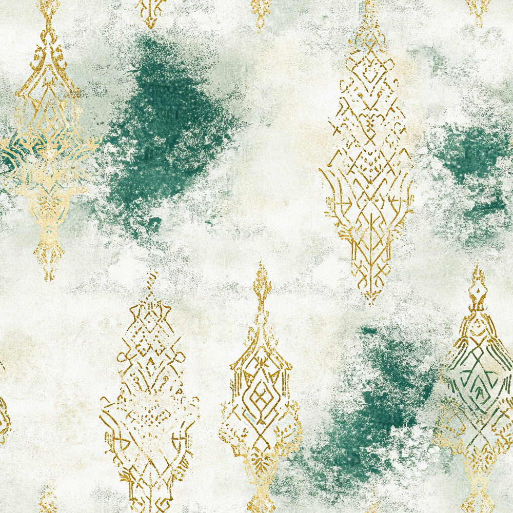 forest green, gold, cream, ivory, distressed, damask, ornamental, geometric, vintage, elegant, traditional, thai inspired, asian, boho chic, bohemian, abstract watercolor, grunge texture, metallic accents, home decor, upholstery, bedding, sage green, antique, baroque, ornate patterns, medallion motifs, sophisticated, refined, neutral palette, textured finish