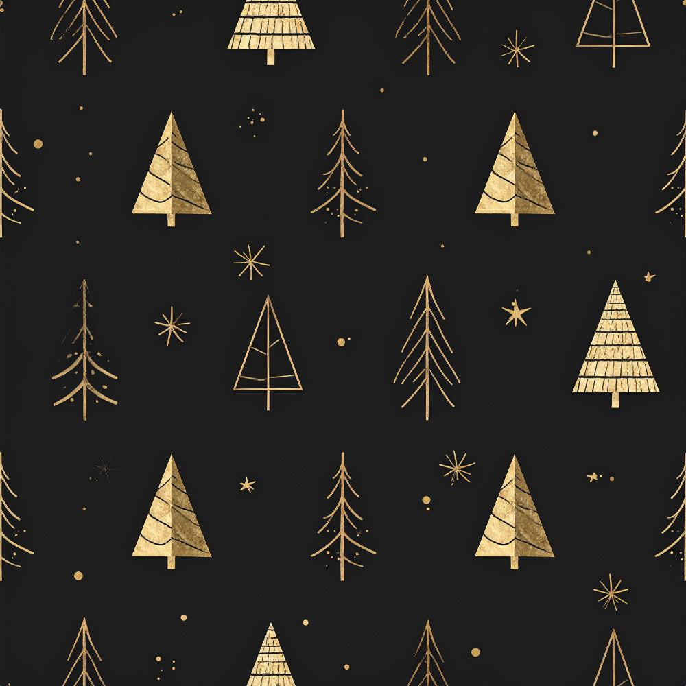 gold, black, dark navy, metallic gold, christmas, holiday, winter, geometric, trees, evergreen, stars, celestial, modern, elegant, minimalist, line art, festive, luxury, sophisticated, scandinavian, contemporary, nature, woodland, starry night, outlined trees, solid fill trees, hatched trees, decorative stars, dots, sparkles