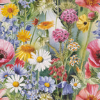wildflowers, botanical illustration, watercolor style, coral pink, lavender blue, sunny yellow, sage green, white daisies, pink poppies, purple asters, orange calendula, mixed blooms, garden flowers, natural meadow, spring florals,, fabric panel, delicate petals, whimsical arrangement, cottage garden