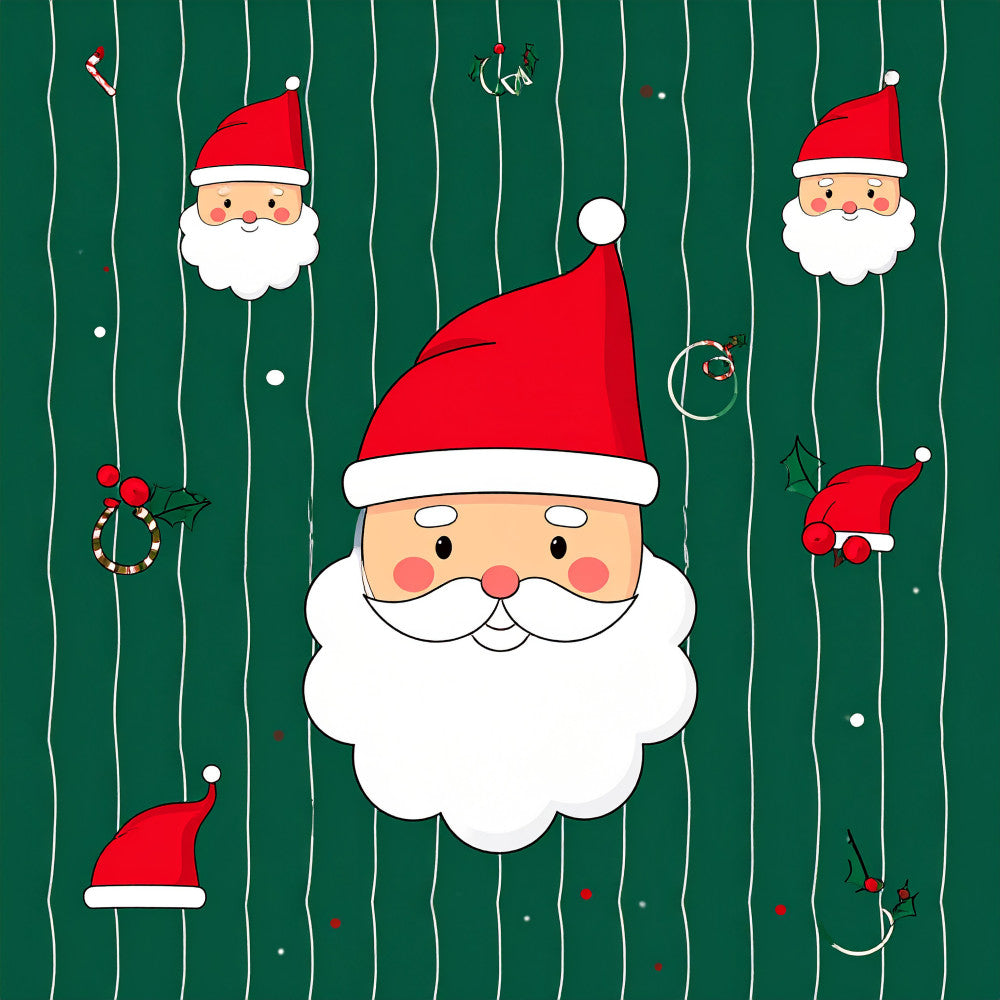forest green, red, white, christmas, santa claus, holiday, festive, whimsical, playful, cute, children, kids, nursery, baby, ornaments, candy canes, striped background, vintage style, cheerful, jolly, traditional christmas, seasonal, gift, decoration, santa faces, christmas motifs, winter theme, decorative, fun, family friendly