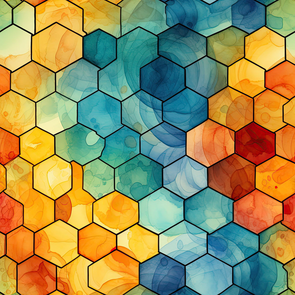 watercolor, honeycomb pattern, hexagonal shapes, geometric design, blue tones, orange hues, yellow shades, teal colors, amber tones, turquoise, coral colors, abstract art, fluid patterns,, fabric panel, modern style, contemporary design, artistic texture, bee-inspired motifs, nature-inspired