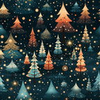 christmas trees, winter wonderland,, fabric panel, navy blue background, orange accents, teal blue, cream white, gold stars, geometric trees, starry night, holiday pattern, festive design, winter theme, christmas fabric, scattered stars, modern illustration, seasonal quilting, cotton fabric, winter trees