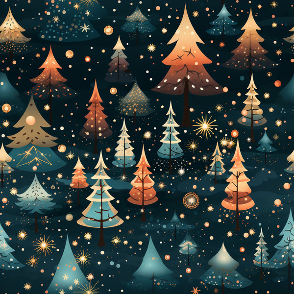 christmas trees, winter wonderland,, fabric panel, navy blue background, orange accents, teal blue, cream white, gold stars, geometric trees, starry night, holiday pattern, festive design, winter theme, christmas fabric, scattered stars, modern illustration, seasonal quilting, cotton fabric, winter trees