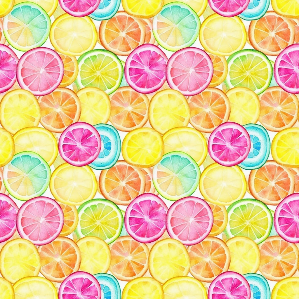 citrus slices, lemon, orange, lime, grapefruit, pink, yellow, green, blue, watercolor style, fruit pattern, bright colors, summer vibes, fresh, juicy,, fabric panel, cheerful, vibrant, tropical feel