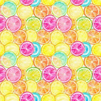 citrus slices, lemon, orange, lime, grapefruit, pink, yellow, green, blue, watercolor style, fruit pattern, bright colors, summer vibes, fresh, juicy,, fabric panel, cheerful, vibrant, tropical feel
