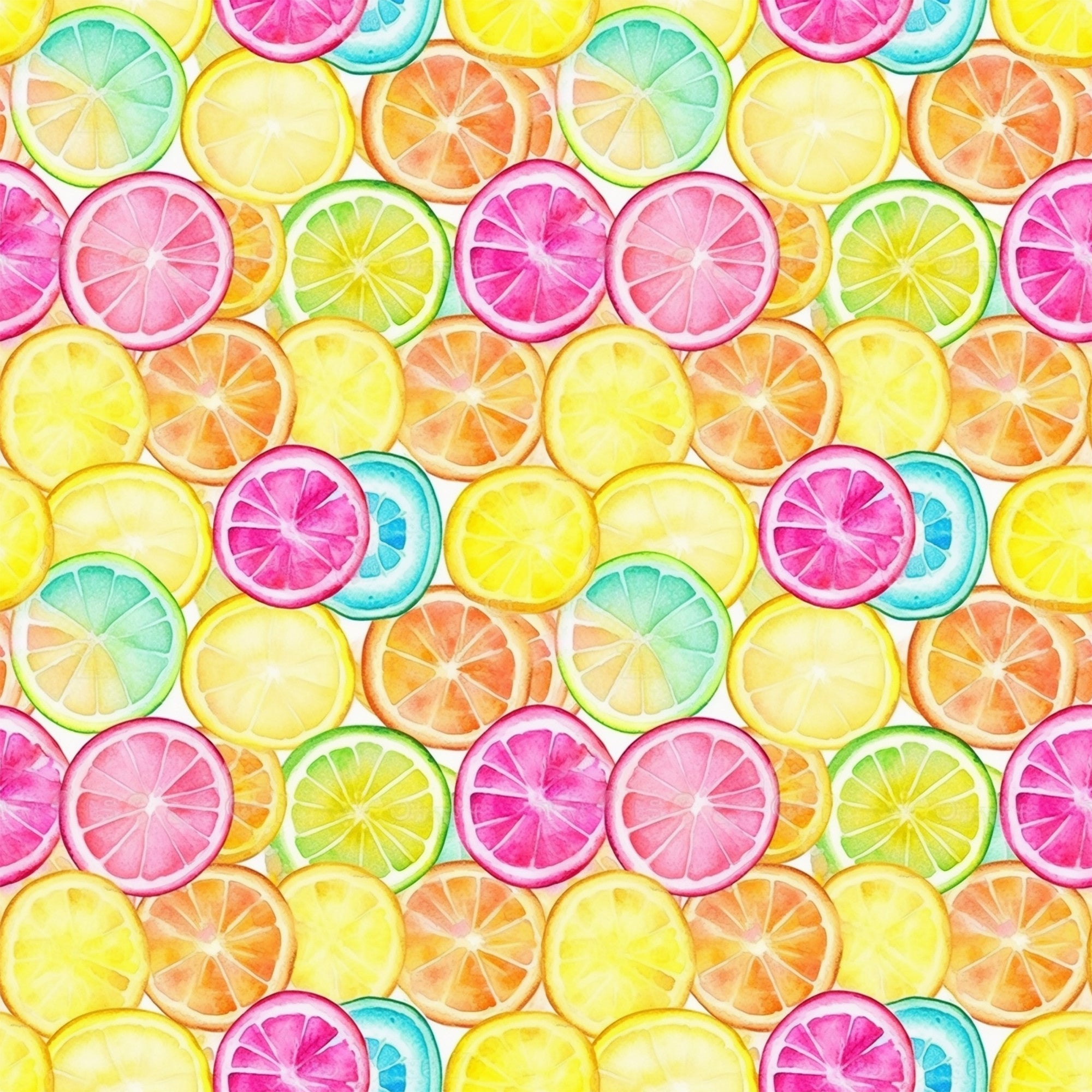 citrus slices, lemon, orange, lime, grapefruit, pink, yellow, green, blue, watercolor style, fruit pattern, bright colors, summer vibes, fresh, juicy,, fabric panel, cheerful, vibrant, tropical feel