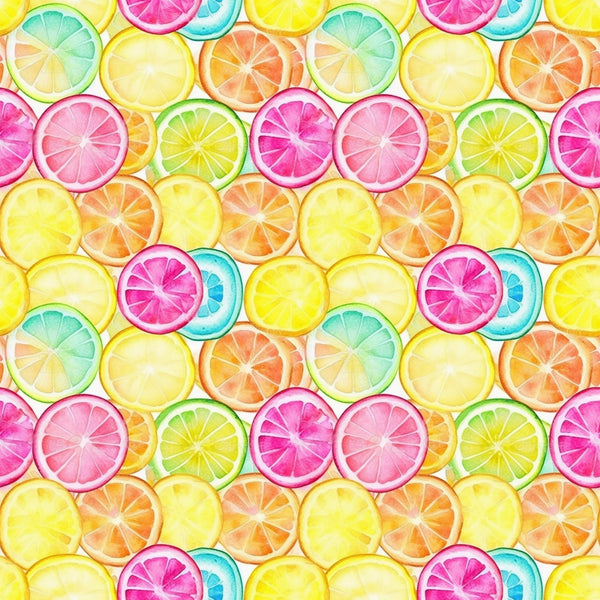 citrus slices, lemon, orange, lime, grapefruit, pink, yellow, green, blue, watercolor style, fruit pattern, bright colors, summer vibes, fresh, juicy,, fabric panel, cheerful, vibrant, tropical feel