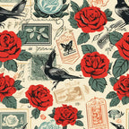 red roses, black birds, vintage stamps, cream background, postal theme, flying swallows, green leaves, coral accents, romantic motifs,, fabric panel, retro pattern, floral design, avian elements, nostalgic style, botanical prints, scattered layout, valentine theme, love letters, vintage ephemera