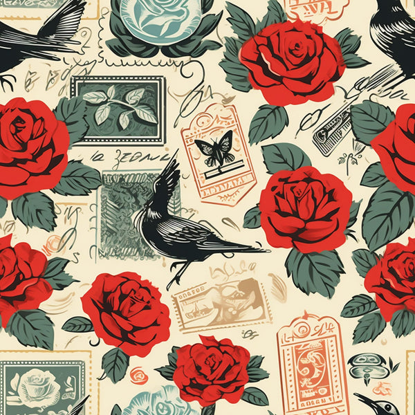 red roses, black birds, vintage stamps, cream background, postal theme, flying swallows, green leaves, coral accents, romantic motifs,, fabric panel, retro pattern, floral design, avian elements, nostalgic style, botanical prints, scattered layout, valentine theme, love letters, vintage ephemera