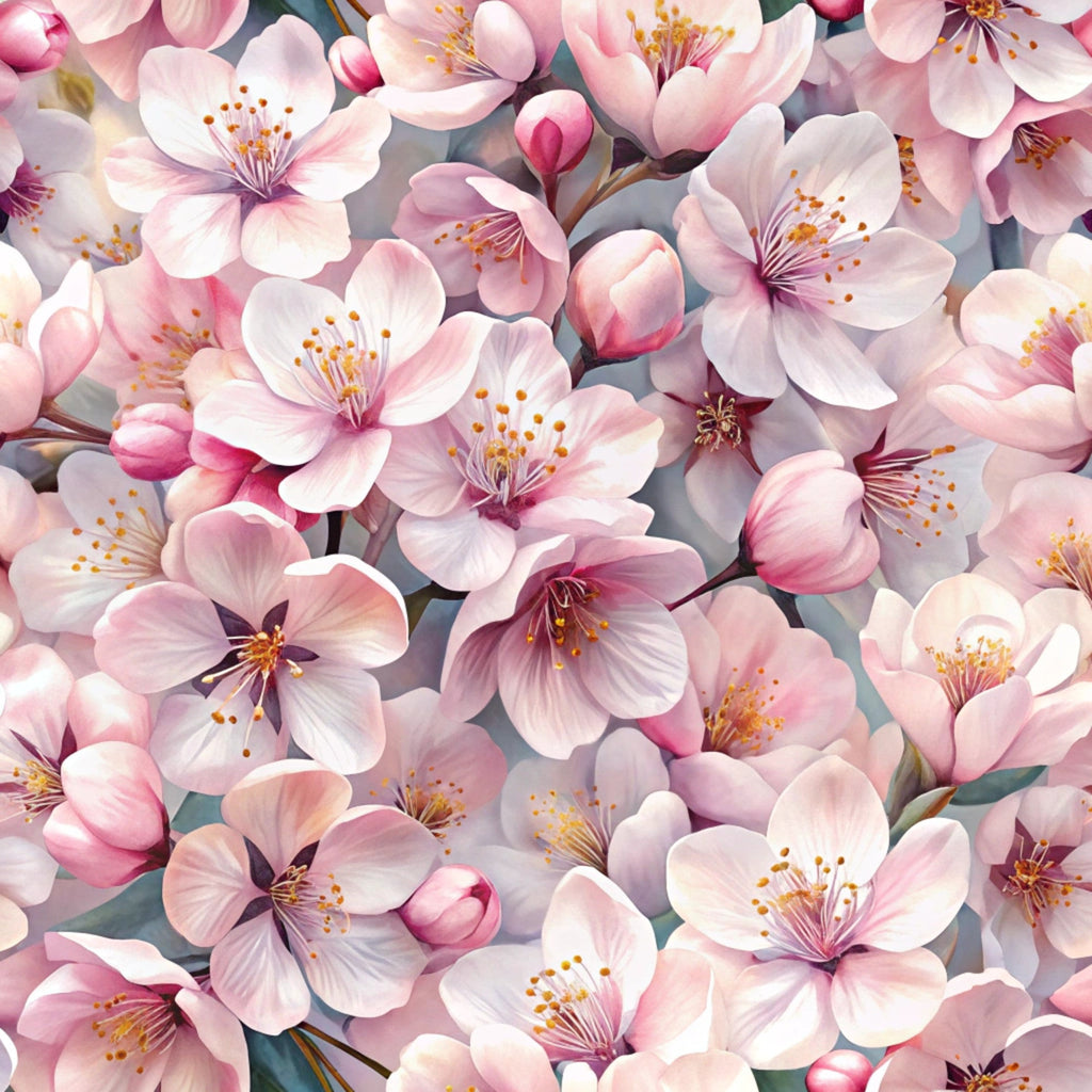 pink flowers, cherry blossoms, realistic floral, spring blooms, soft pink, white petals, yellow stamens, botanical pattern,, fabric panel, delicate flowers, nature design, floral motif, blooming branches, feminine colors, craft fabric, sewing material, flower buds, romantic florals, seamless pattern