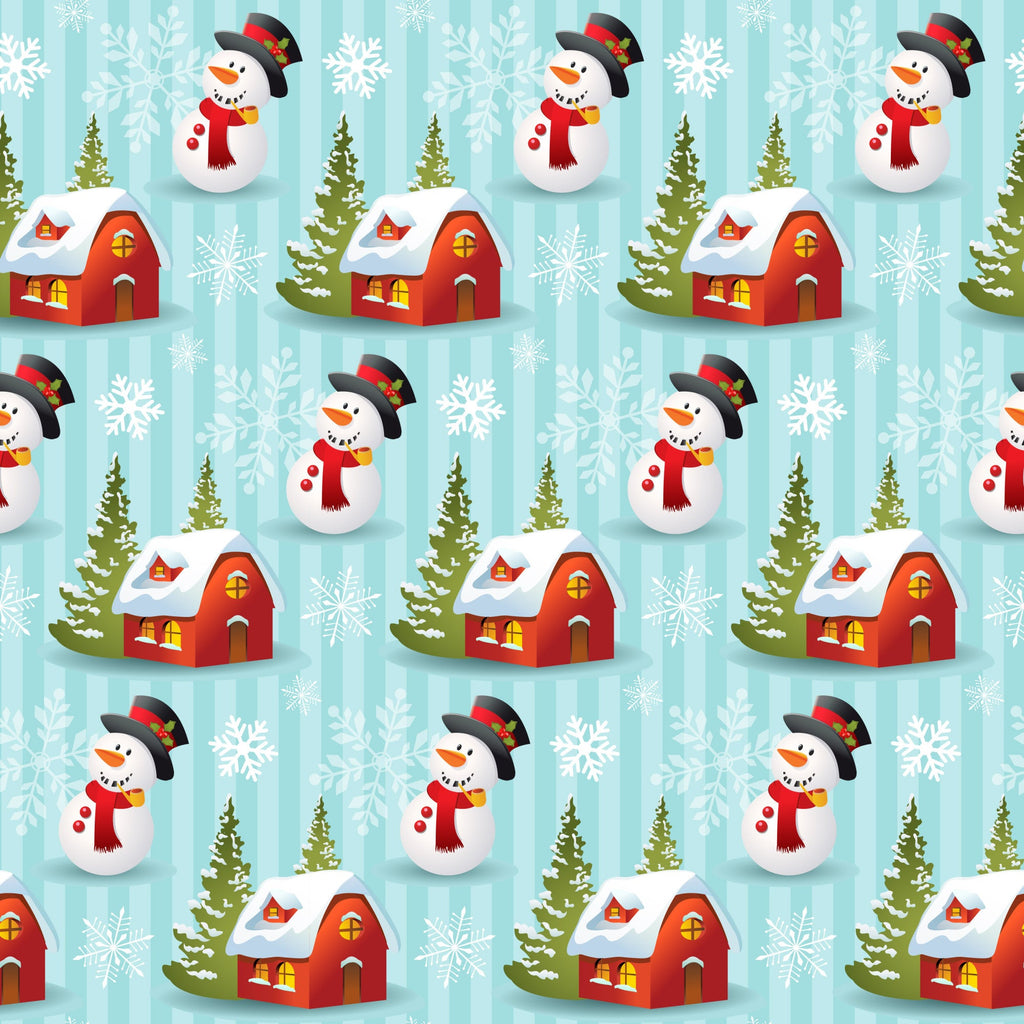 christmas fabric, winter pattern, snowman character, red houses, evergreen trees, white snowflakes, light blue background, festive motif, repeating design, holiday theme,, fabric panel, winter village, snow-covered roofs, cartoon style, cheerful pattern, seasonal fabric, craft material, sewing fabric, winter wonderland