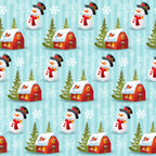 christmas fabric, winter pattern, snowman character, red houses, evergreen trees, white snowflakes, light blue background, festive motif, repeating design, holiday theme,, fabric panel, winter village, snow-covered roofs, cartoon style, cheerful pattern, seasonal fabric, craft material, sewing fabric, winter wonderland