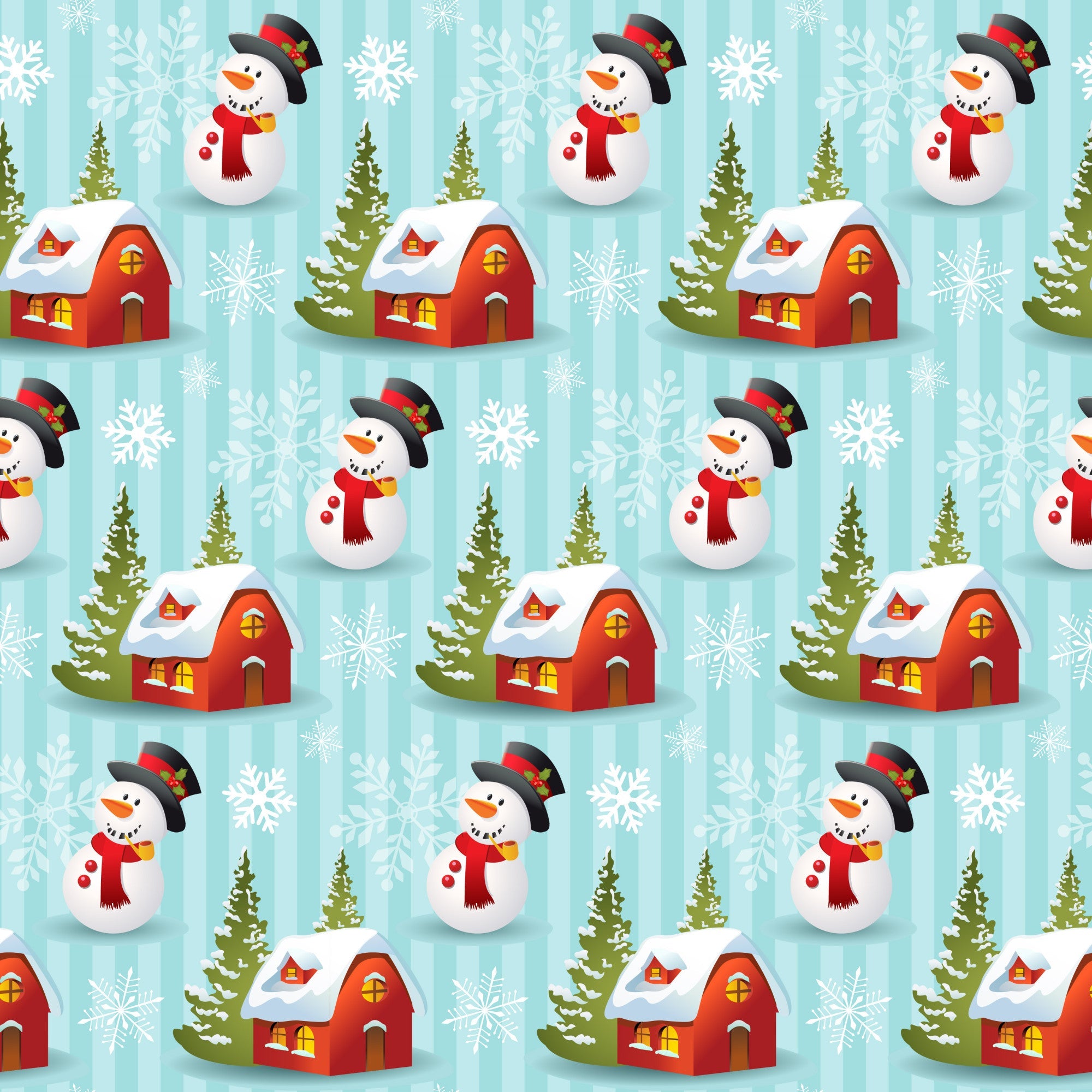 christmas fabric, winter pattern, snowman character, red houses, evergreen trees, white snowflakes, light blue background, festive motif, repeating design, holiday theme,, fabric panel, winter village, snow-covered roofs, cartoon style, cheerful pattern, seasonal fabric, craft material, sewing fabric, winter wonderland
