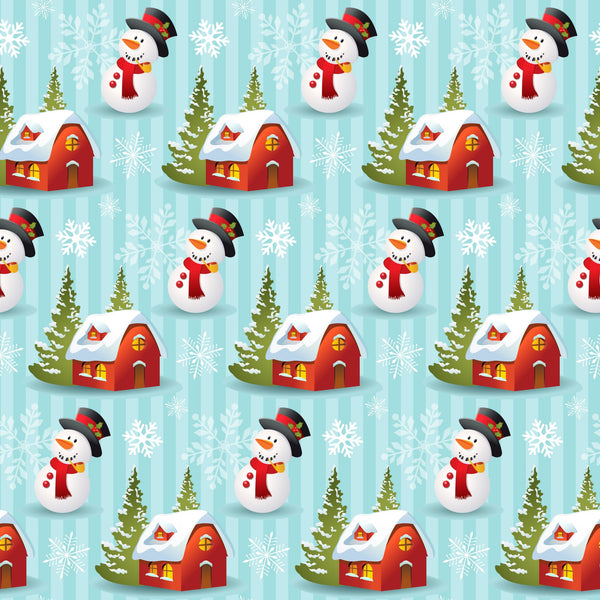 christmas fabric, winter pattern, snowman character, red houses, evergreen trees, white snowflakes, light blue background, festive motif, repeating design, holiday theme,, fabric panel, winter village, snow-covered roofs, cartoon style, cheerful pattern, seasonal fabric, craft material, sewing fabric, winter wonderland
