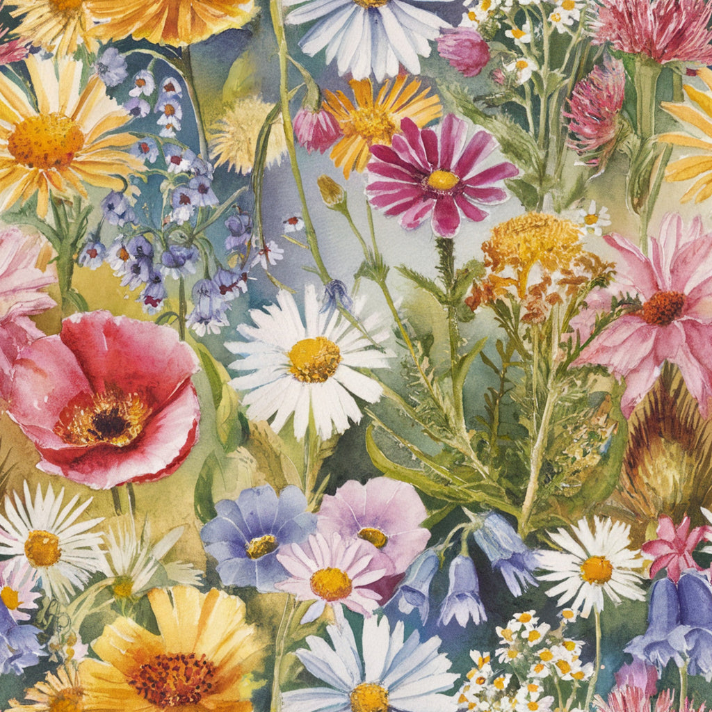 wildflower, botanical, floral pattern, watercolor style, pink poppies, yellow daisies, purple asters, white flowers, orange blooms, meadow flowers,, fabric panel, nature inspired, spring garden, delicate petals, soft pastels, artistic florals, blooming meadow, cottage garden, hand painted look