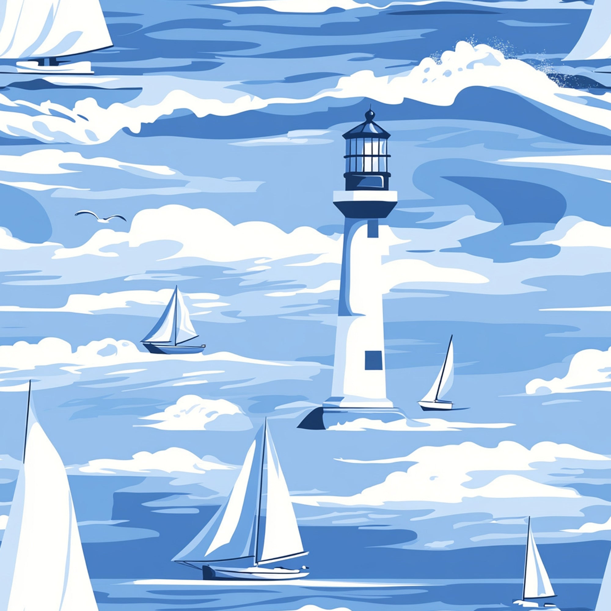 lighthouse, sailboats, nautical scene, ocean waves, seagulls, blue tones, white clouds, maritime theme, coastal design, sailing boats, water scene, sky backdrop, nautical pattern,, fabric panel, sea life, boating theme, watercolor style, peaceful mood, marine illustration
