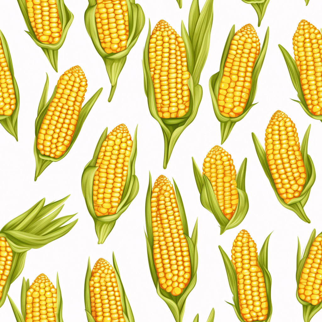 yellow corn, golden yellow, bright orange, green husks, corn cobs, vegetable pattern, food motif, harvest theme, agricultural design, seamless pattern,, fabric panel, autumn colors, farm fresh, corn kernels, botanical print, kitchen theme, scattered design, realistic illustration, summer produce