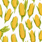 yellow corn, golden yellow, bright orange, green husks, corn cobs, vegetable pattern, food motif, harvest theme, agricultural design, seamless pattern,, fabric panel, autumn colors, farm fresh, corn kernels, botanical print, kitchen theme, scattered design, realistic illustration, summer produce