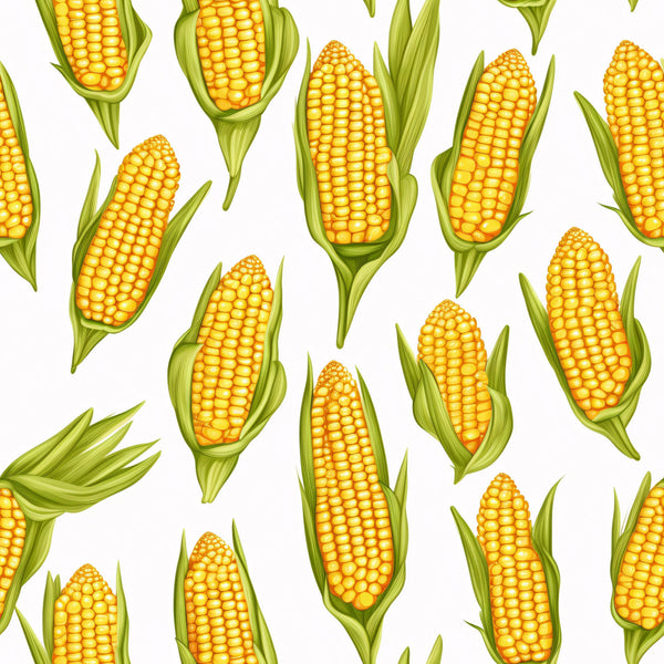 yellow corn, golden yellow, bright orange, green husks, corn cobs, vegetable pattern, food motif, harvest theme, agricultural design, seamless pattern,, fabric panel, autumn colors, farm fresh, corn kernels, botanical print, kitchen theme, scattered design, realistic illustration, summer produce