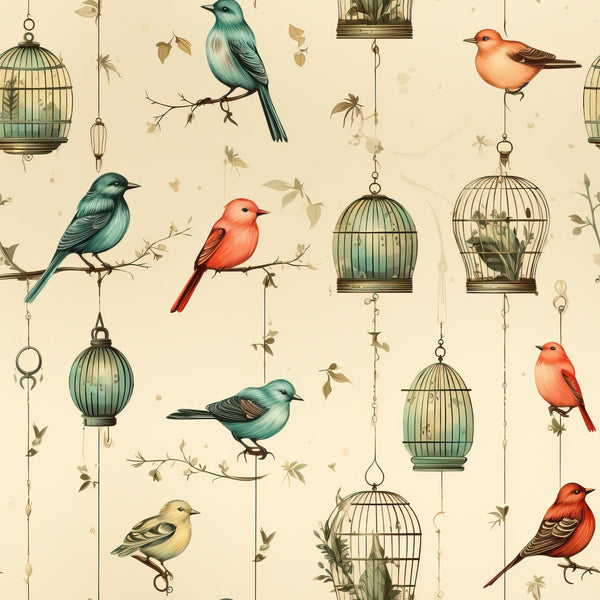 vintage birdcages,, fabric panel, songbirds, hanging cages, teal birds, coral birds, yellow birds, ornate cages, botanical branches, leaves, cream background, decorative chains, bird illustration, nature motif, soft pastels, whimsical design, cotton fabric, quilting material