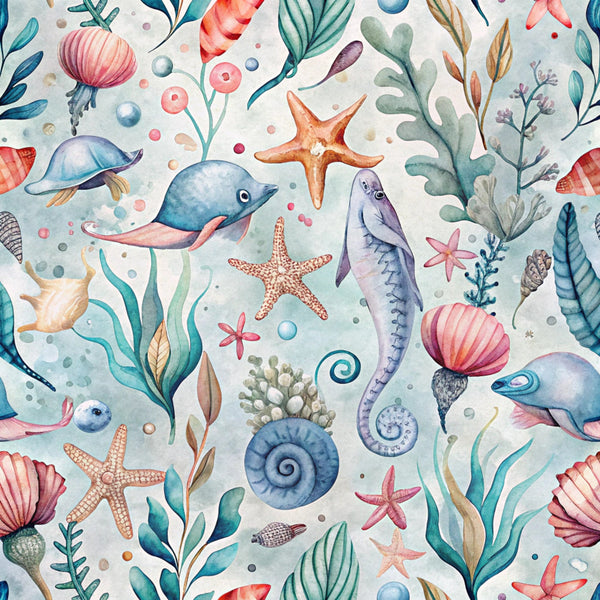 watercolor style, sea creatures, whales, seahorses, starfish, seashells, coral, seaweed, ocean plants, aquatic life, underwater scene, teal, coral pink, purple, blue, sage green, orange,, fabric panel, marine life, whimsical illustration, soft pastels, nautical theme, ocean pattern, sea life motifs