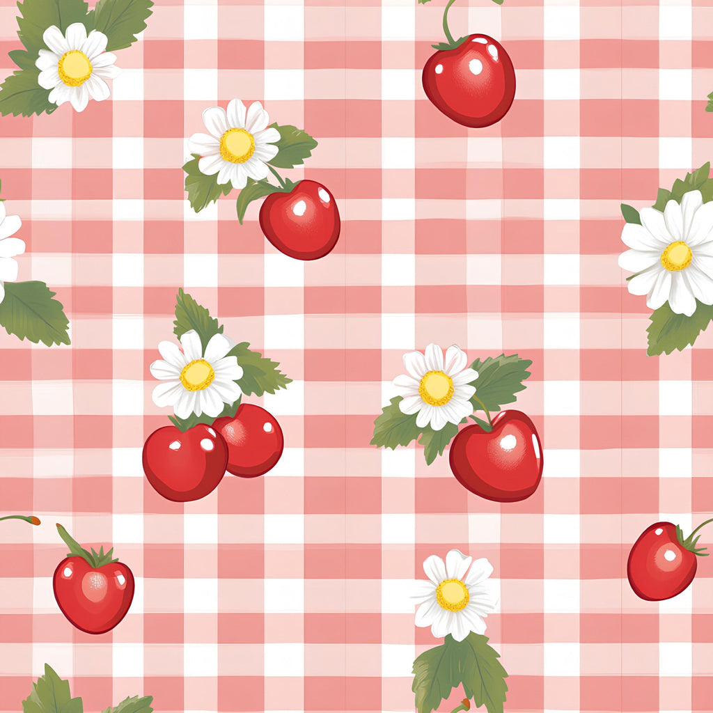 pink gingham, white checkered, red cherries, red strawberries, white daisies, yellow centers, green leaves, vintage style, sweet fruits, floral motifs,, fabric panel, retro pattern, cottage core, summer berries, botanical design, cheerful mood, pastel pink, fruity theme