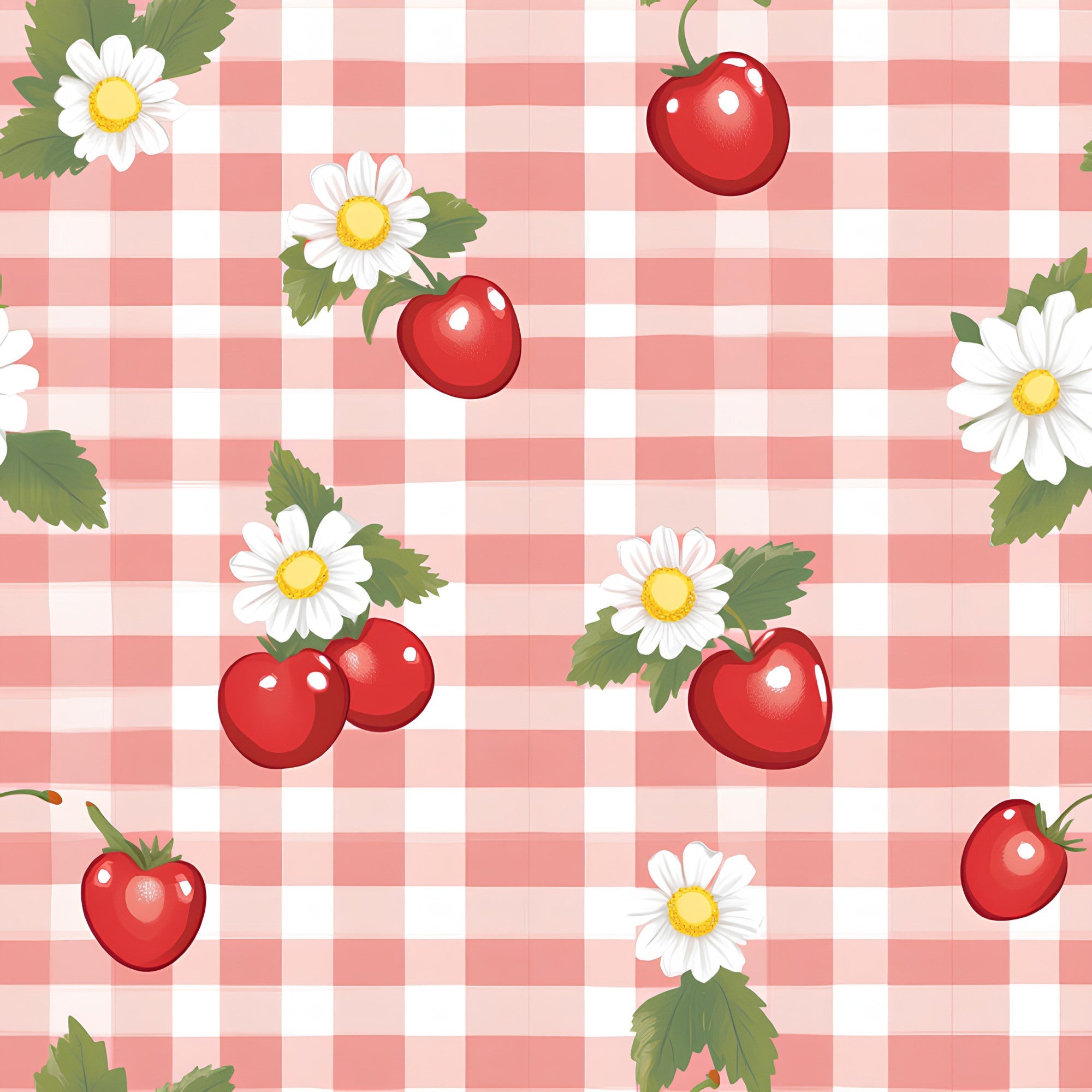 pink gingham, white checkered, red cherries, red strawberries, white daisies, yellow centers, green leaves, vintage style, sweet fruits, floral motifs,, fabric panel, retro pattern, cottage core, summer berries, botanical design, cheerful mood, pastel pink, fruity theme