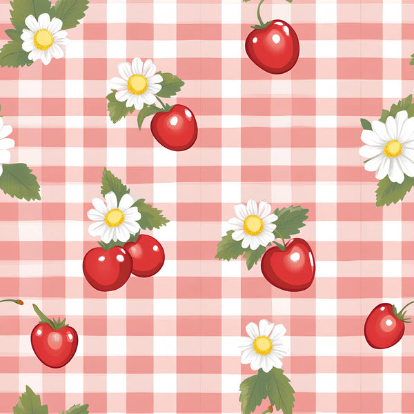 pink gingham, white checkered, red cherries, red strawberries, white daisies, yellow centers, green leaves, vintage style, sweet fruits, floral motifs,, fabric panel, retro pattern, cottage core, summer berries, botanical design, cheerful mood, pastel pink, fruity theme