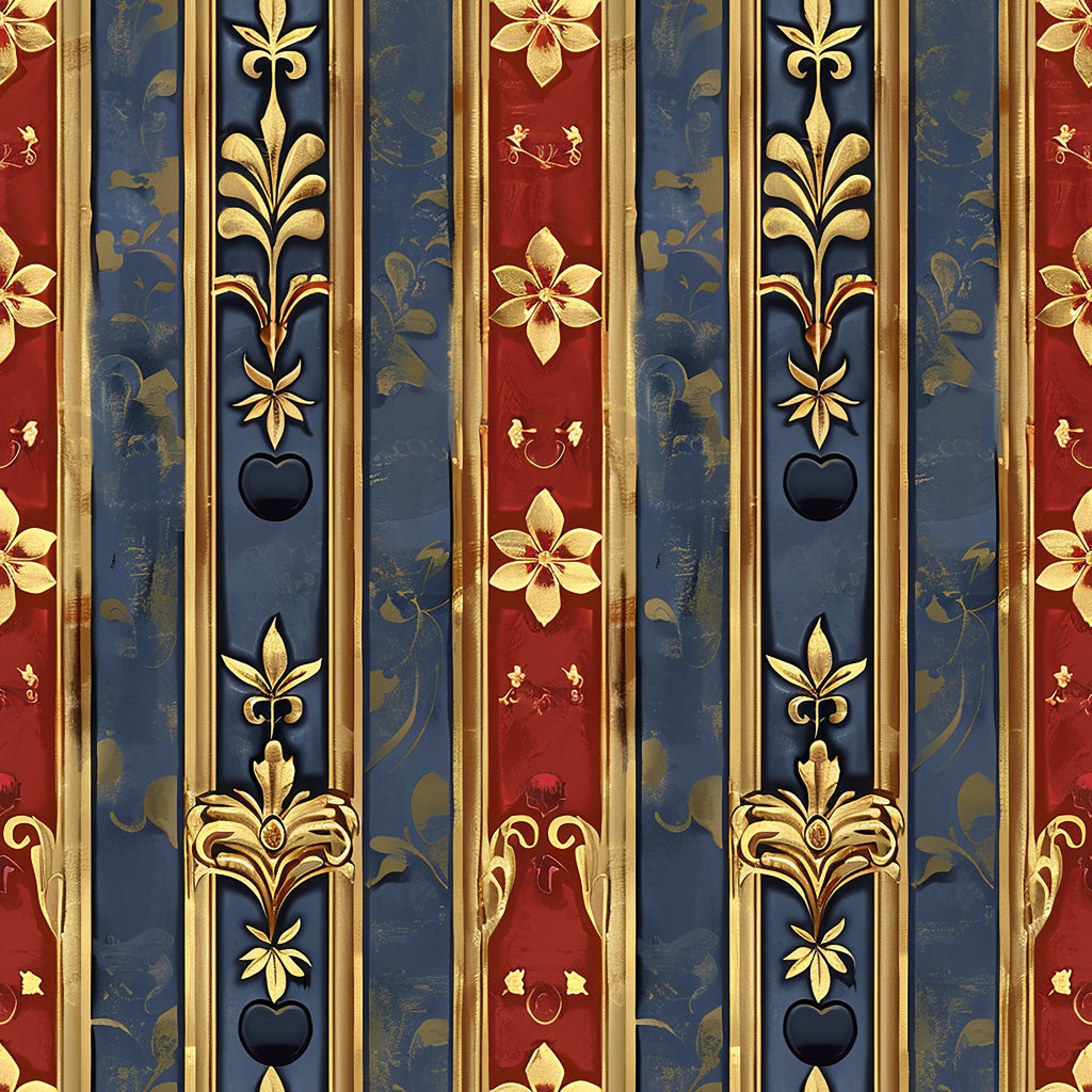red, navy blue, gold, vertical stripes, fleur-de-lis, ornate florals, decorative motifs, medieval style, french heraldic, regal pattern,, fabric panel, baroque elements, vintage damask, royal colors, elegant design, historic reproduction, antique finish, weathered look, ornamental details