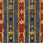 red, navy blue, gold, vertical stripes, fleur-de-lis, ornate florals, decorative motifs, medieval style, french heraldic, regal pattern,, fabric panel, baroque elements, vintage damask, royal colors, elegant design, historic reproduction, antique finish, weathered look, ornamental details
