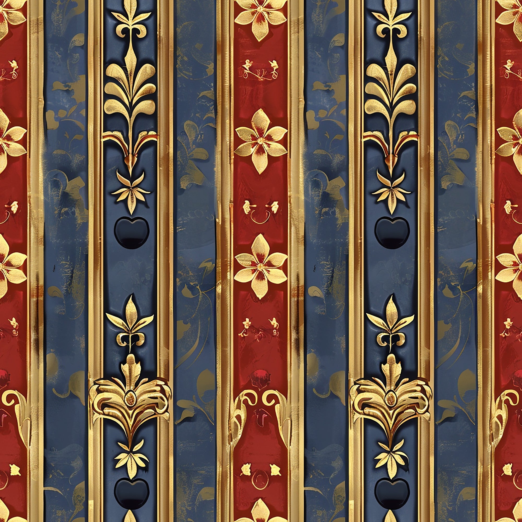red, navy blue, gold, vertical stripes, fleur-de-lis, ornate florals, decorative motifs, medieval style, french heraldic, regal pattern,, fabric panel, baroque elements, vintage damask, royal colors, elegant design, historic reproduction, antique finish, weathered look, ornamental details