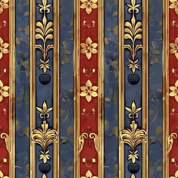 red, navy blue, gold, vertical stripes, fleur-de-lis, ornate florals, decorative motifs, medieval style, french heraldic, regal pattern,, fabric panel, baroque elements, vintage damask, royal colors, elegant design, historic reproduction, antique finish, weathered look, ornamental details