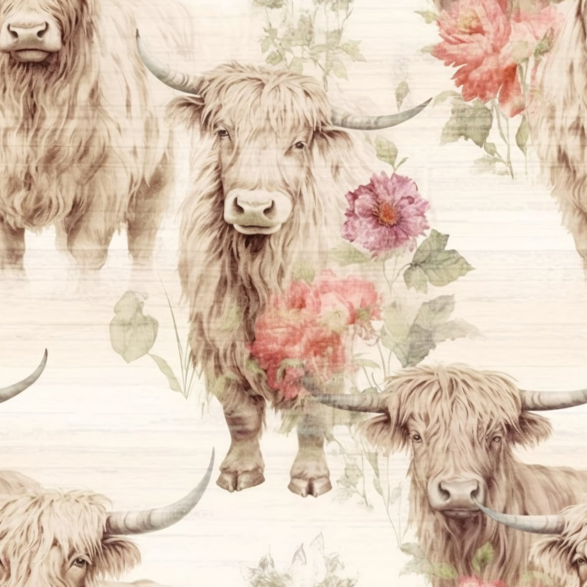 highland cattle, farm animals, shaggy cows, horned cattle, floral pattern, pink flowers, coral blooms, cream background, beige tones, brown cattle, long hair cattle, pastoral scene, country farm,, fabric panel, watercolor style, botanical elements, green leaves, soft pastels, repeating pattern