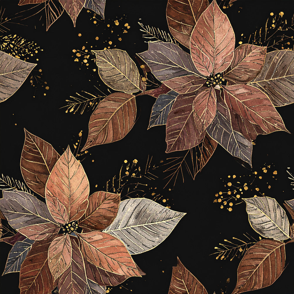 burgundy, rose gold, burnt orange, deep brown, charcoal gray, cream, metallic gold, poinsettia, floral, botanical, nature, leaves, berries, evergreen branches, elegant, luxe, festive, christmas, holiday, winter, autumn, fall, sophisticated, glamorous, vintage botanical, decorative, home decor, upholstery, celestial sparkle, dimensional