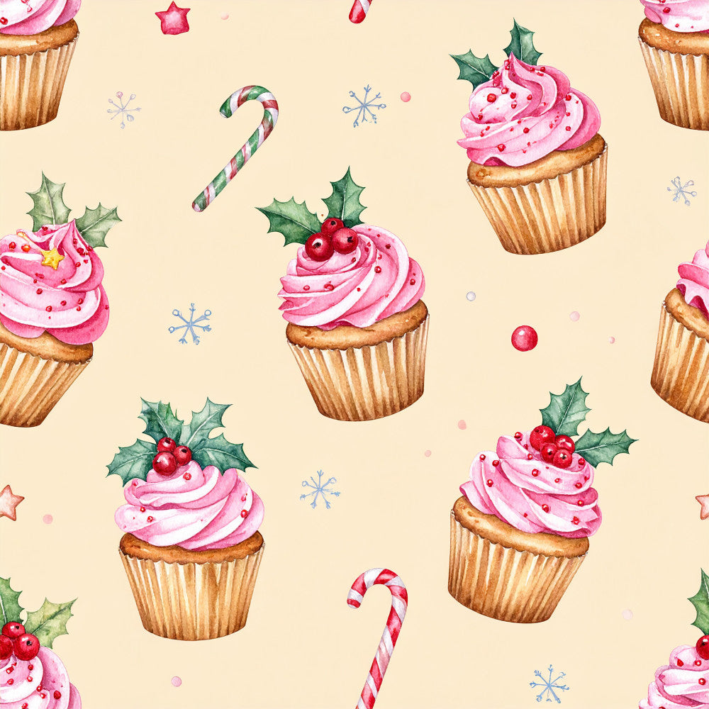 holiday cupcakes, christmas, festive, pink frosting, candy canes, holly berries, snowflakes, whimsical, cream colored, pale yellow background, hot pink, forest green, red berries, bakery theme, dessert, cute, playful, kids, children, winter holiday, seasonal, sweet treats, festive decorations, stars, sparkly, fun and colorful, nursery, playroom, baby shower, toddler