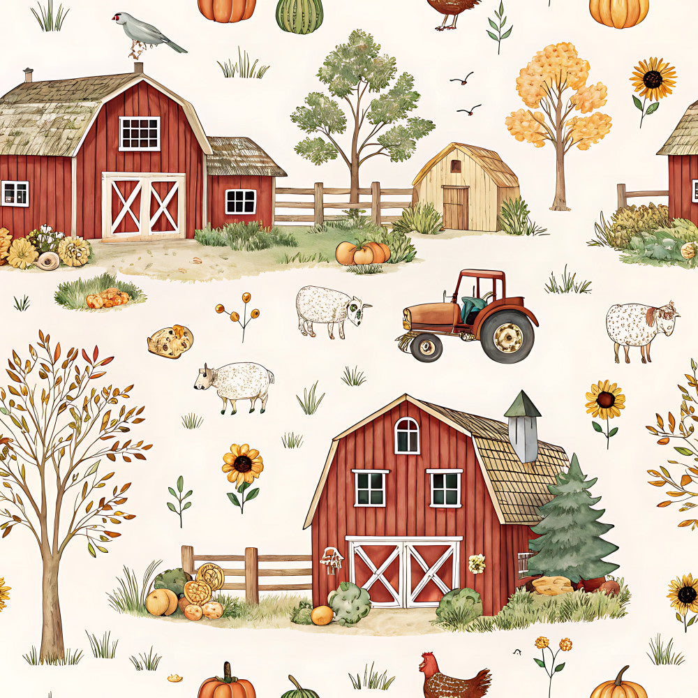 barn red, cream, golden yellow, burnt orange, sage green, forest green, rust, sunflower, farmhouse, rural, pastoral, vintage, rustic, whimsical, toile, pastoral scenes, farm animals, tractors, barns, pumpkins, sunflowers, sheep, goats, chickens, trees, autumn, fall harvest, countryside, agricultural, farm life
